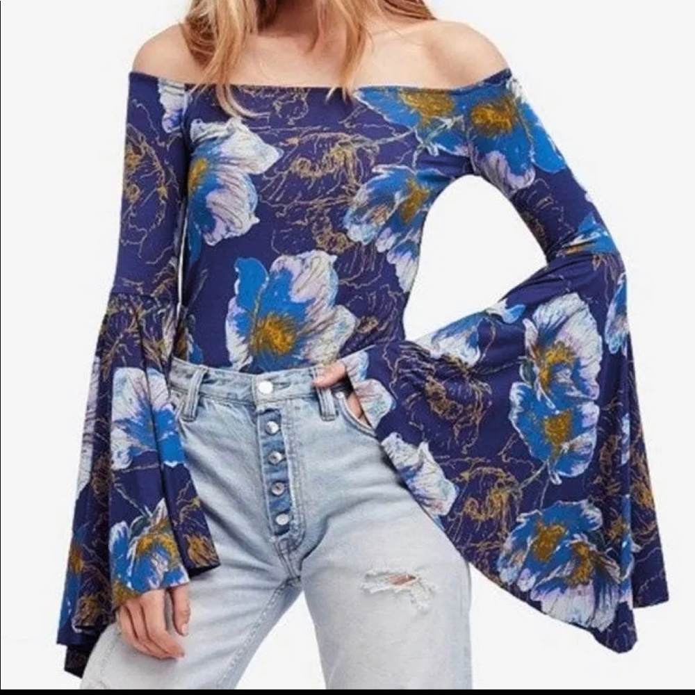 We the Free Off the Shoulder Navy Floral  Bell Sleeve Top